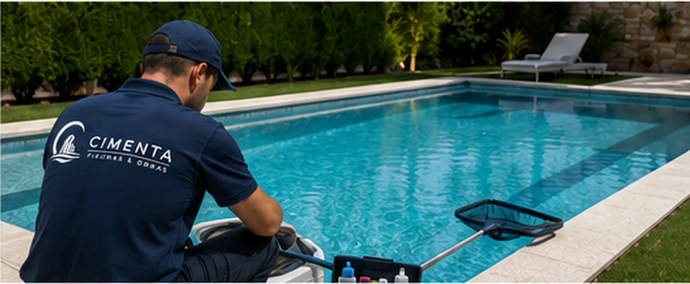 Técnico realizando el mantenimiento profesional de una piscina